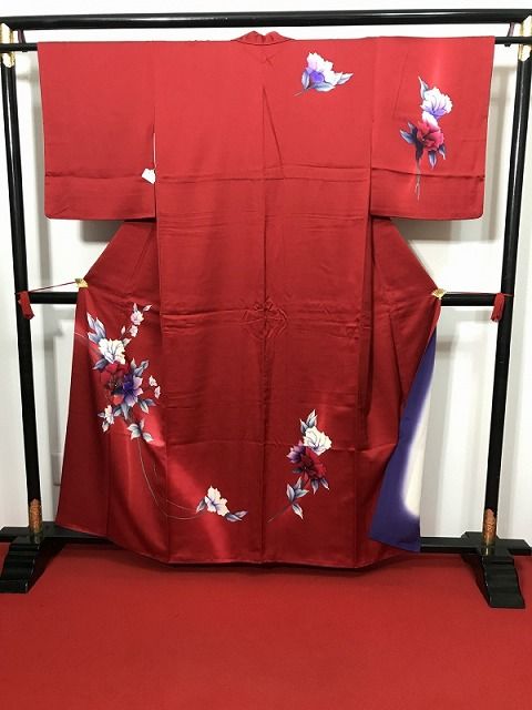 中古】Sサイズ 付け下げ 正絹 赤地に枝花模様 - メルカリ