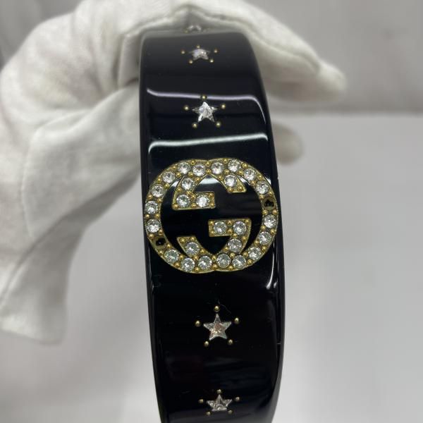 GUCCI グッチ クリスタル インターロッキングG カチューシャ 中古】GUCCI クリスタルインターロッキングGカチューシャ 黒 箱あり