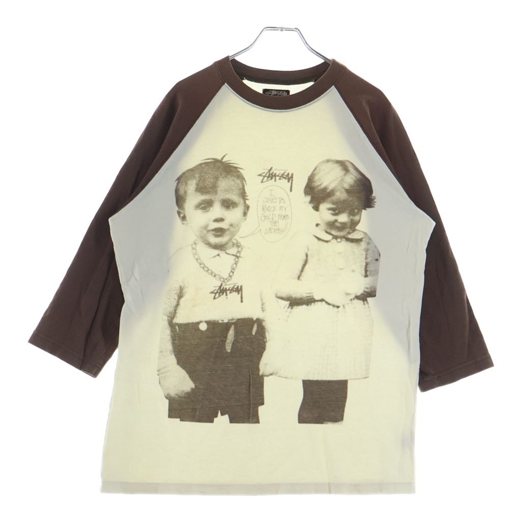 STUSSY (ステューシー) 90S VINTAGE ヴィンテージ チャイルドフォトデザイン クルーネック カットソー ラグランTシャツ ブラウン