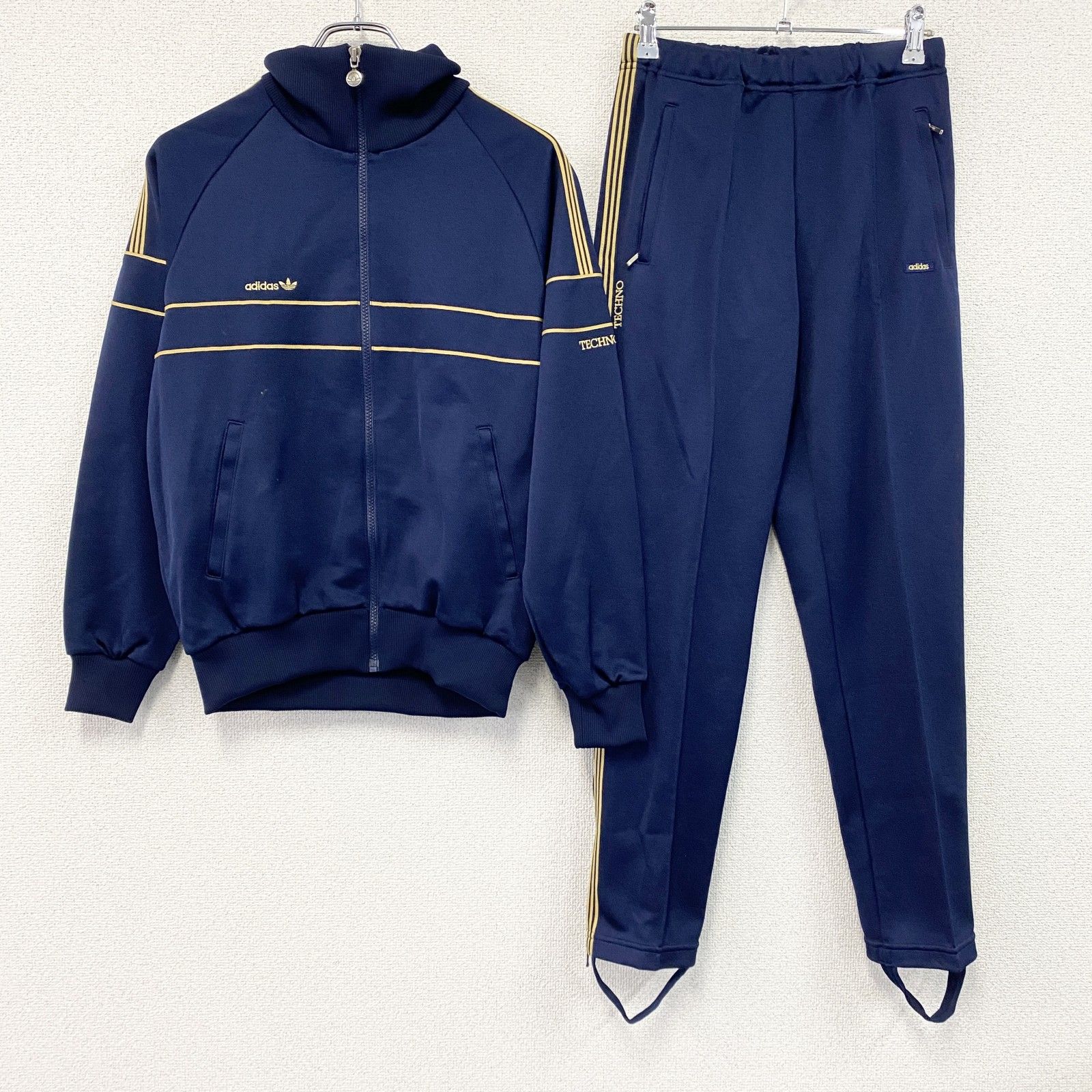 70s　adidas　アディダス　TECHNO　デサント　ジャージセットアップ　トラックジャケット　トラックパンツ　紺　ネイビー　Mサイズ　古着
