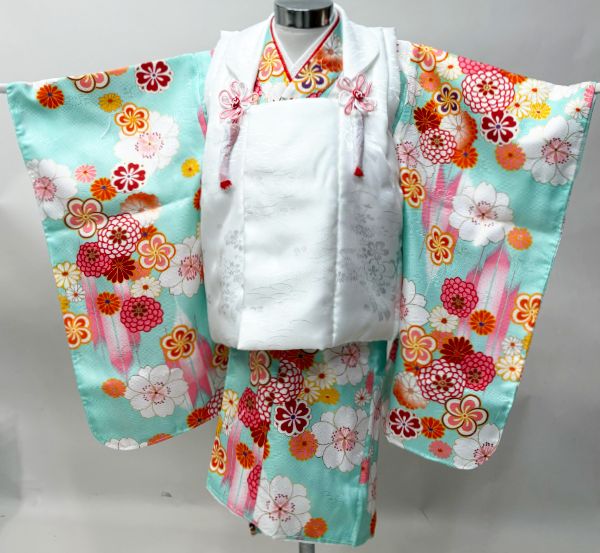 七五三☆三歳お祝着☆新品☆4点セット☆ポリエステル☆被布 七五三 三歳 女児 被布 着物 フルセット ミント×白色 ポリエステル 3歳