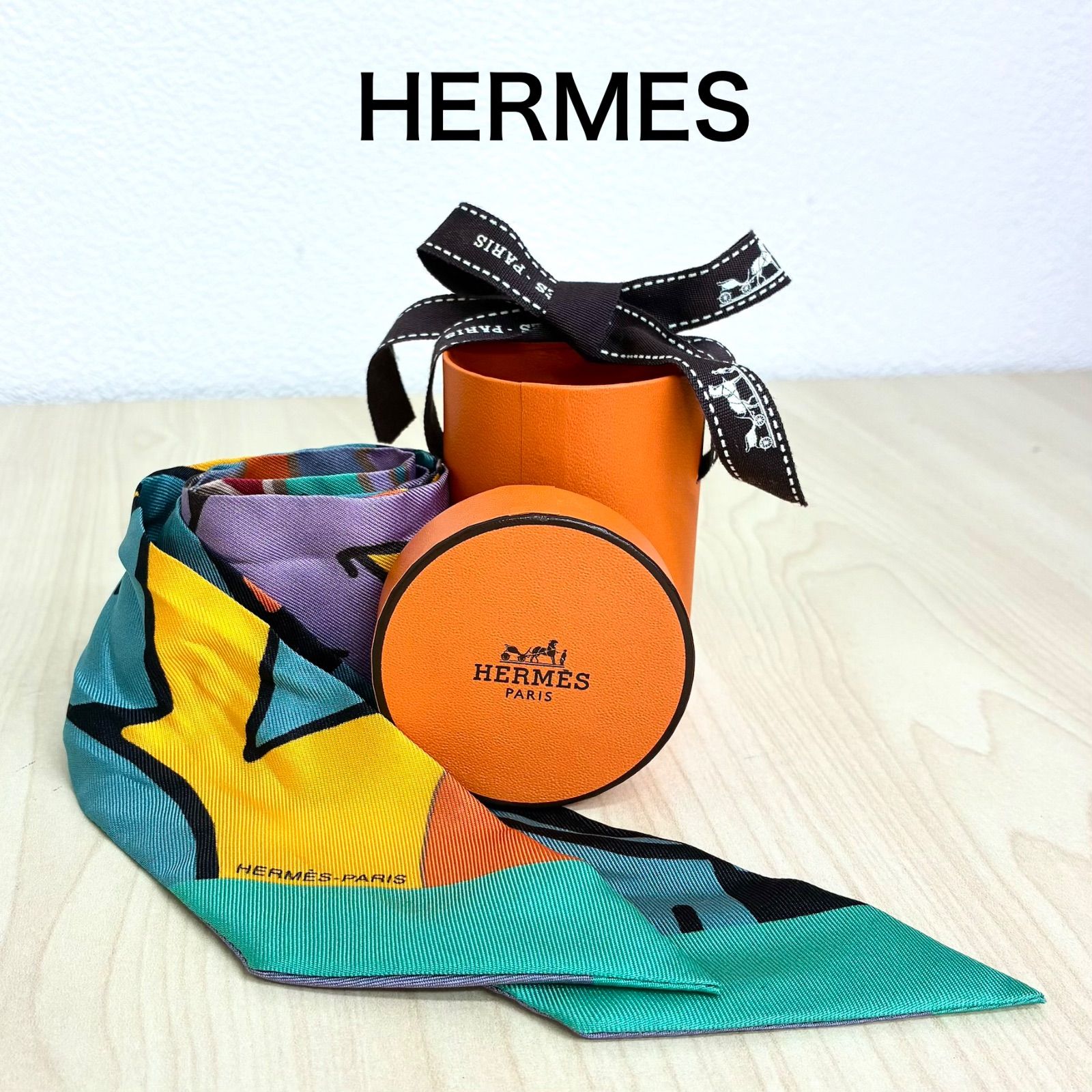 【美品】エルメス ツイリー 草原のインディアンアート　オレンジ　マルチカラー エルメス HERMES】美品！GRAFFグラフィックツリー/オレンジマルチ