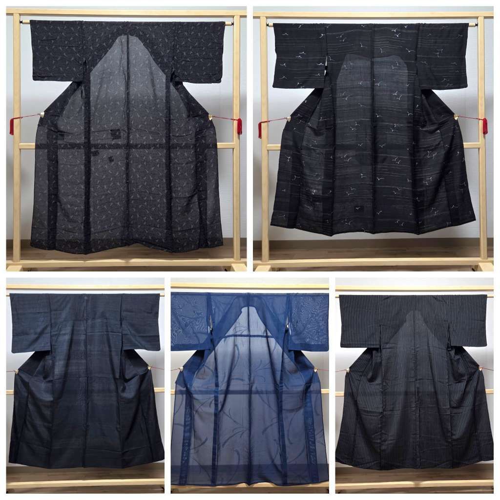 A5◇着物くつろぎ 夏物 縦縞 カモメ 熨斗 ストライプ 黒 青 無地 小紋