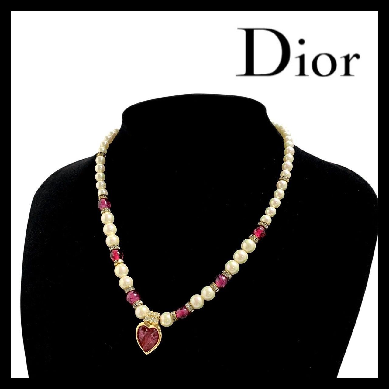 【Dior】ハート フェイクパール ネックレス ラインストーン カラーストーン ゴールド/金 カラー ペンダント ヴィンテージ Christian Dior/クリスチャンディオール (SER-8355)