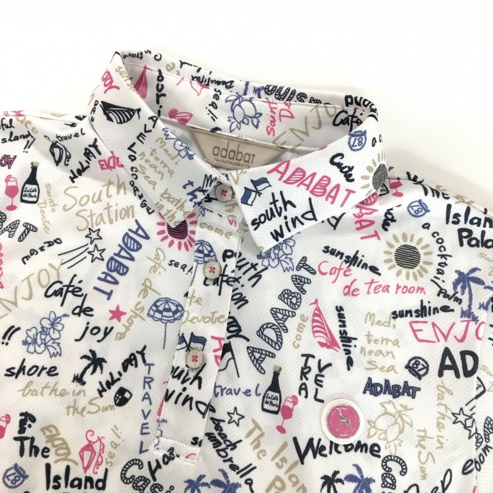 超美品】アダバット 半袖ポロワンピース 白×ピンク×ネイビー 英字総柄