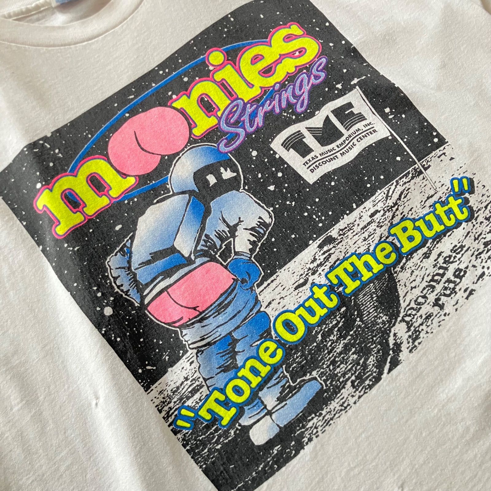 90s Texas Music Emporium moonies strings 楽器店 販促Tシャツ 宇宙飛行士 月面 ムーン Hanes 白 メンズXL USA ヴィンテージ 古着 ミュージック ノベルティ エロT