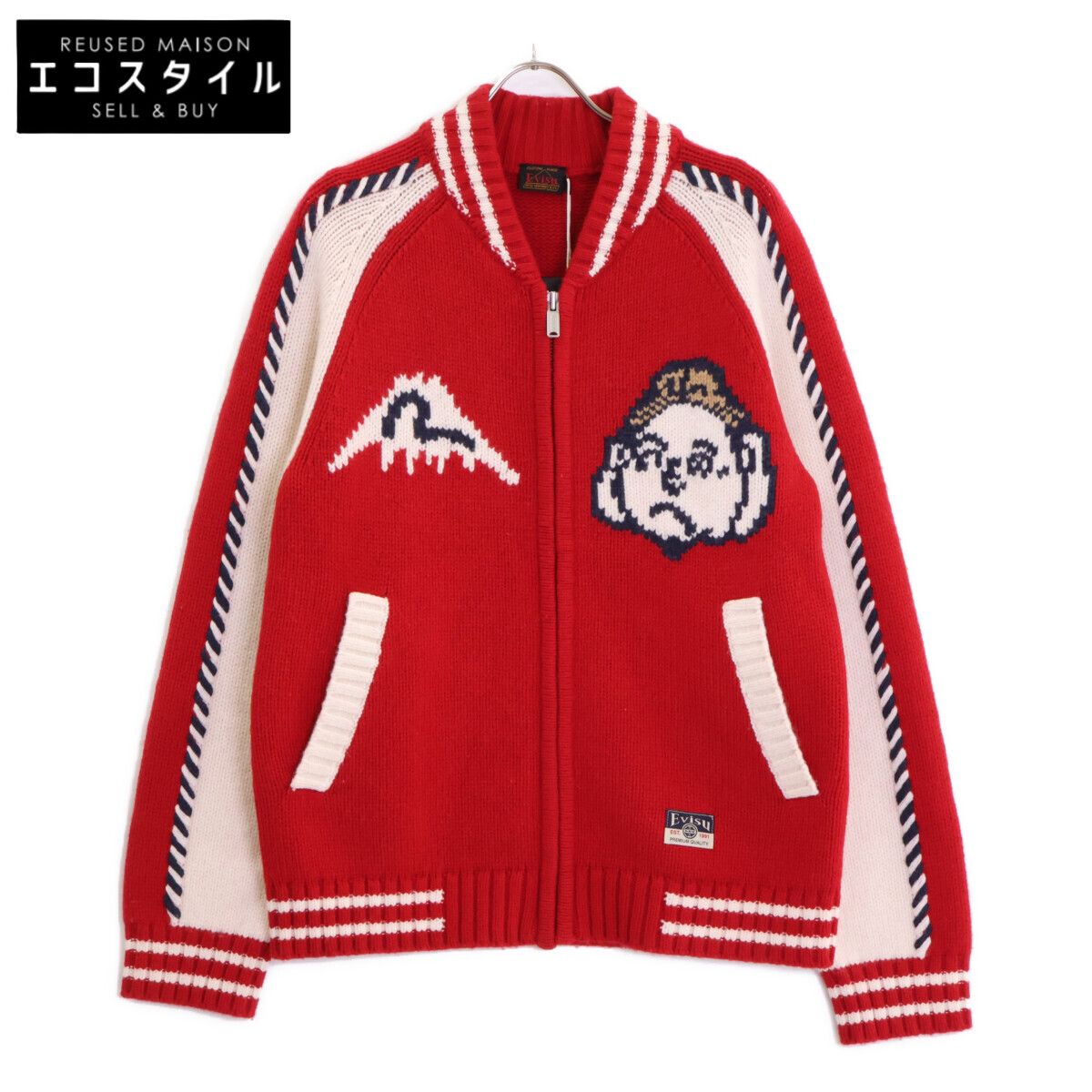 EVISU エヴィス レッド リラックスフィット へのへのもへじ仏頭編み込みニット M