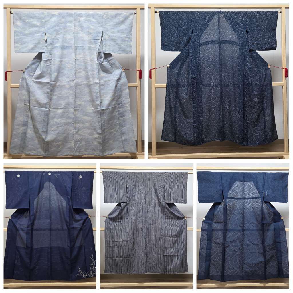 A5◇着物くつろぎ 夏物 単衣 霞 装飾 縦縞 ストライプ 唐草 黒 紺色