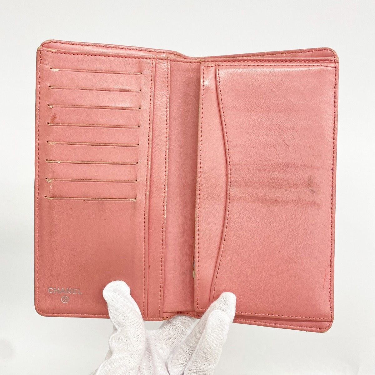 【極美品】CHANEL 長財布　マトラッセ　ラムスキン　ピンク 6ga0771-k】シャネル 長財布 マトラッセ ラムスキン ピンク シルバー