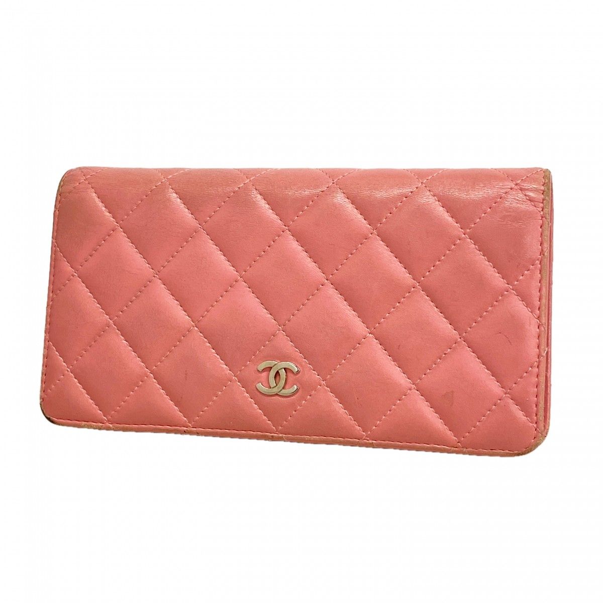 【極美品】CHANEL 長財布　マトラッセ　ラムスキン　ピンク 6ga0771-k】シャネル 長財布 マトラッセ ラムスキン ピンク シルバー