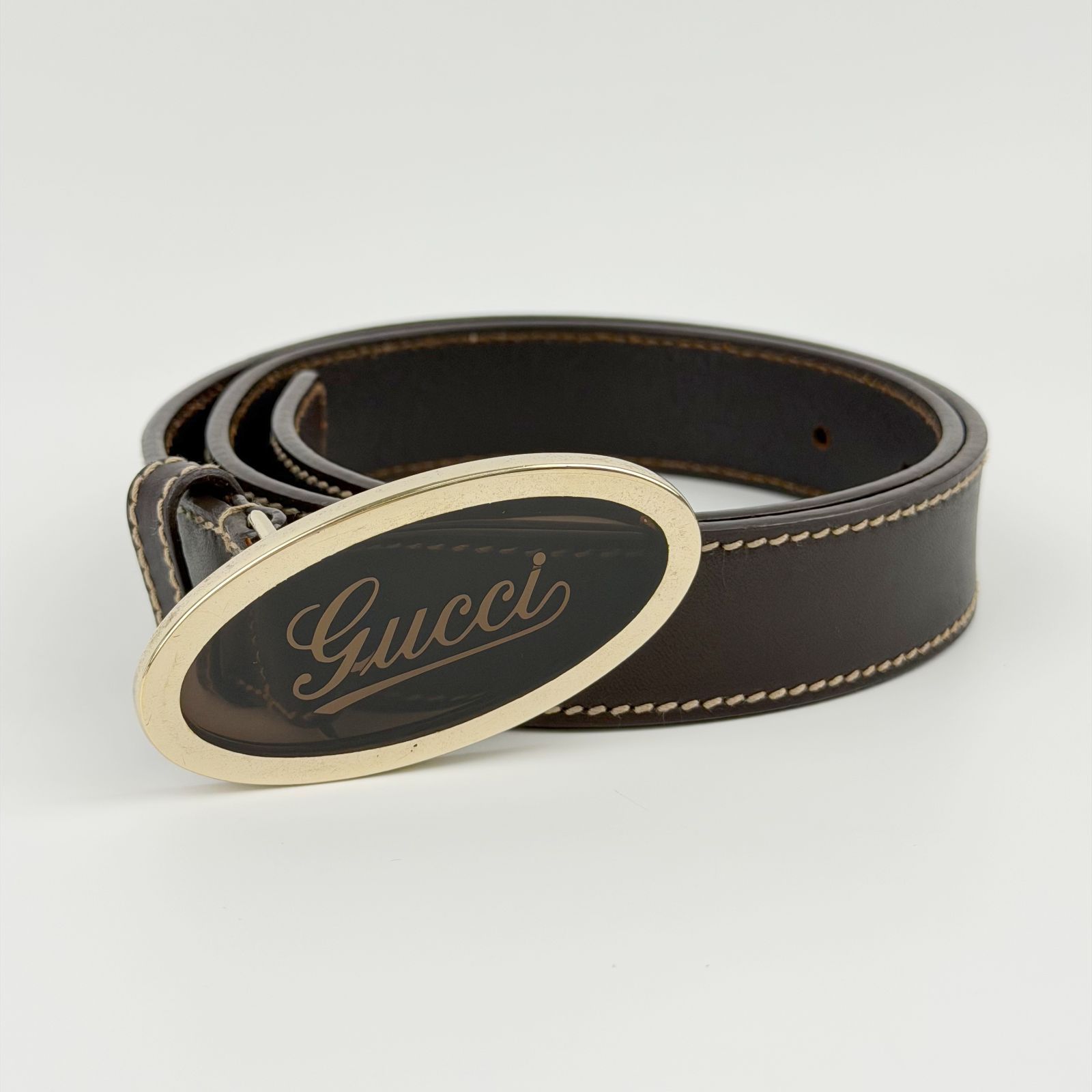 中古】GUCCI グッチ ロゴバックル レザーベルト ベルト レザー ダーク