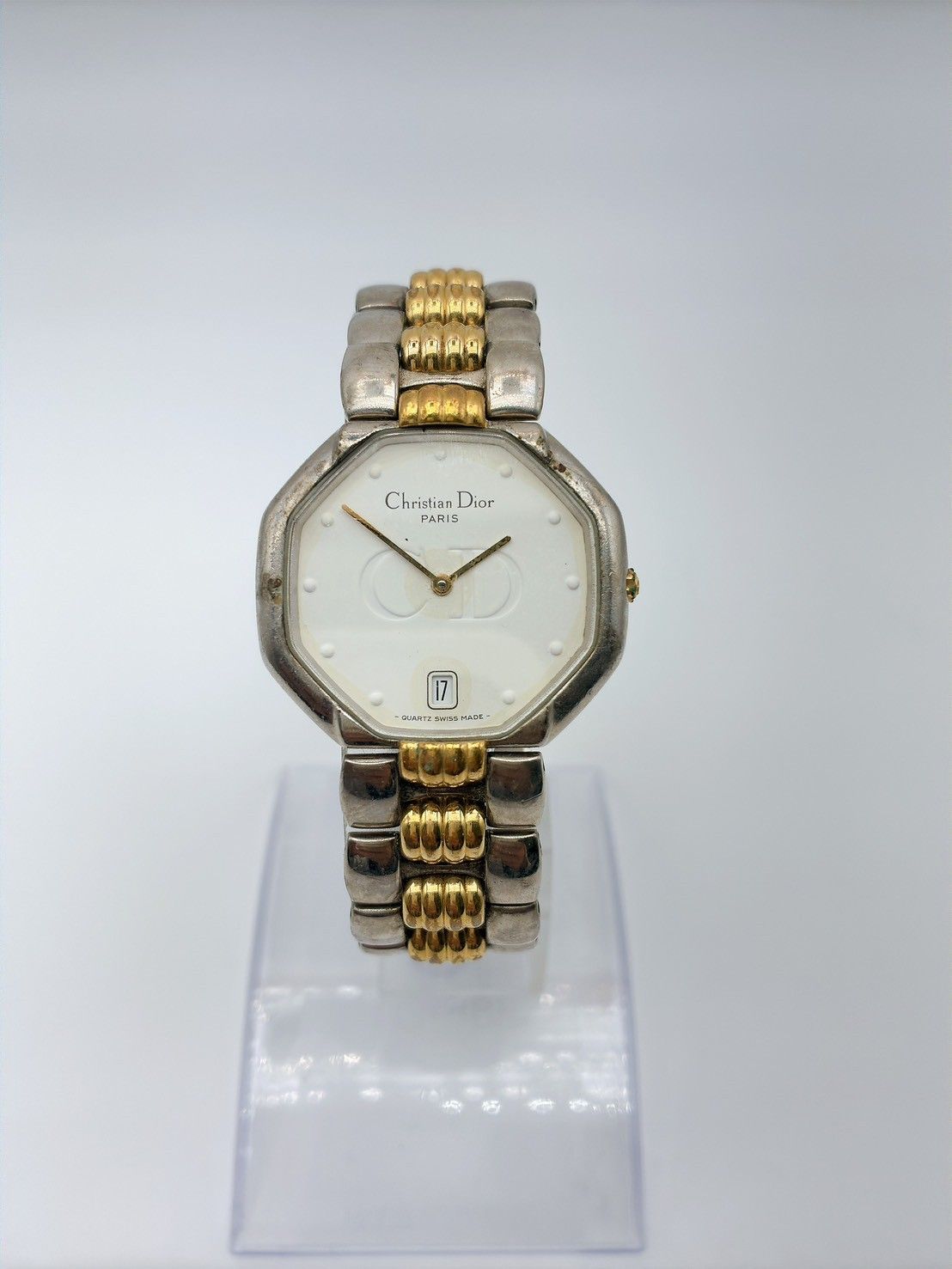 Christian Dior Octagon/Octagon 45.204 Octagonal Mens Watch Quartz Gold/Silver/White Combi Color Vintage SH510