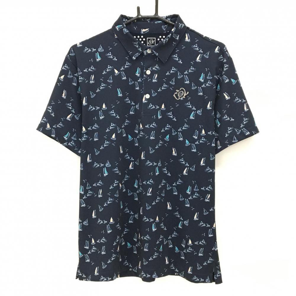 新品 ゾーイ ZOY シャツ 1002 HCS710 M-Lサイズ ゴルフ 超美品】ゾーイ 半袖ポロシャツ ネイビー×白 ヨット総柄 ストレッチ