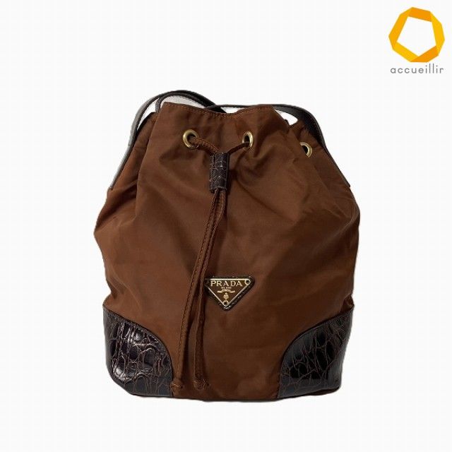 anb プラダ PRADA ショルダーバッグ 茶 クロコ型押し 巾着 ナイロン