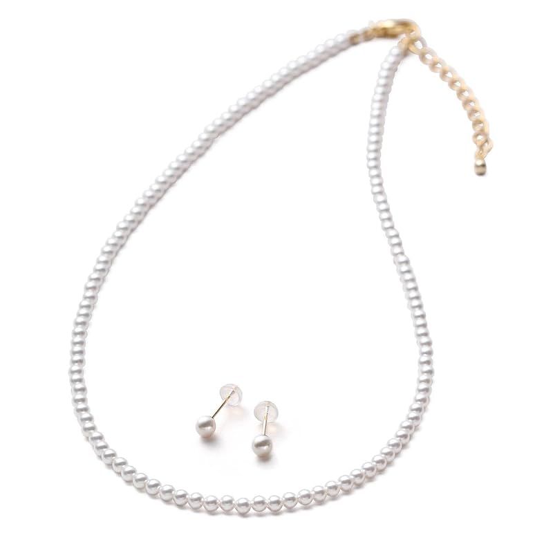 [VOTRE COUTURE] パールネックレス セット ベビーパール グランプレミアム アクセサリー 3mm ブランド10年保証 (K18ピアス（イエローゴールド）, 41cm)