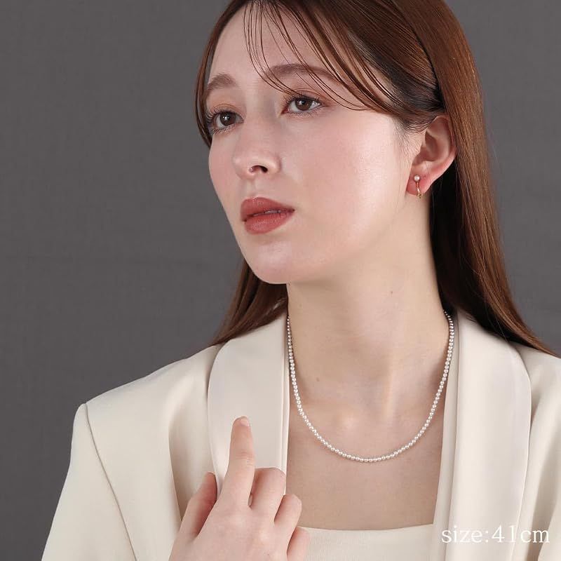[VOTRE COUTURE] パールネックレス セット ベビーパール グランプレミアム アクセサリー 3mm ブランド10年保証 (真鍮イヤリング（ゴールド）, 41cm)