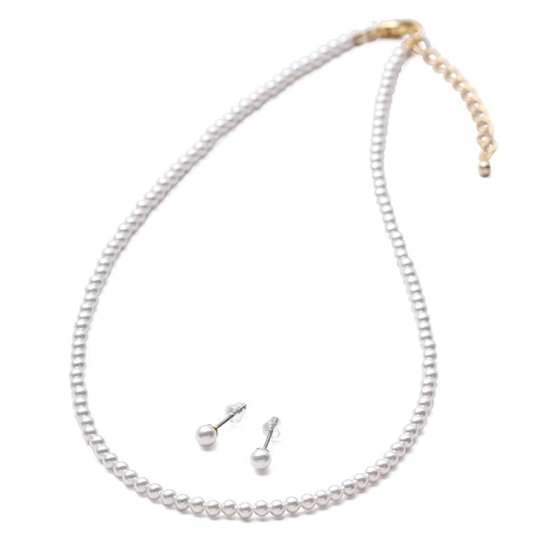 [VOTRE COUTURE] パールネックレス セット ベビーパール グランプレミアム アクセサリー 3mm ブランド10年保証 (チタンピアス（ゴールド）, 50cm)