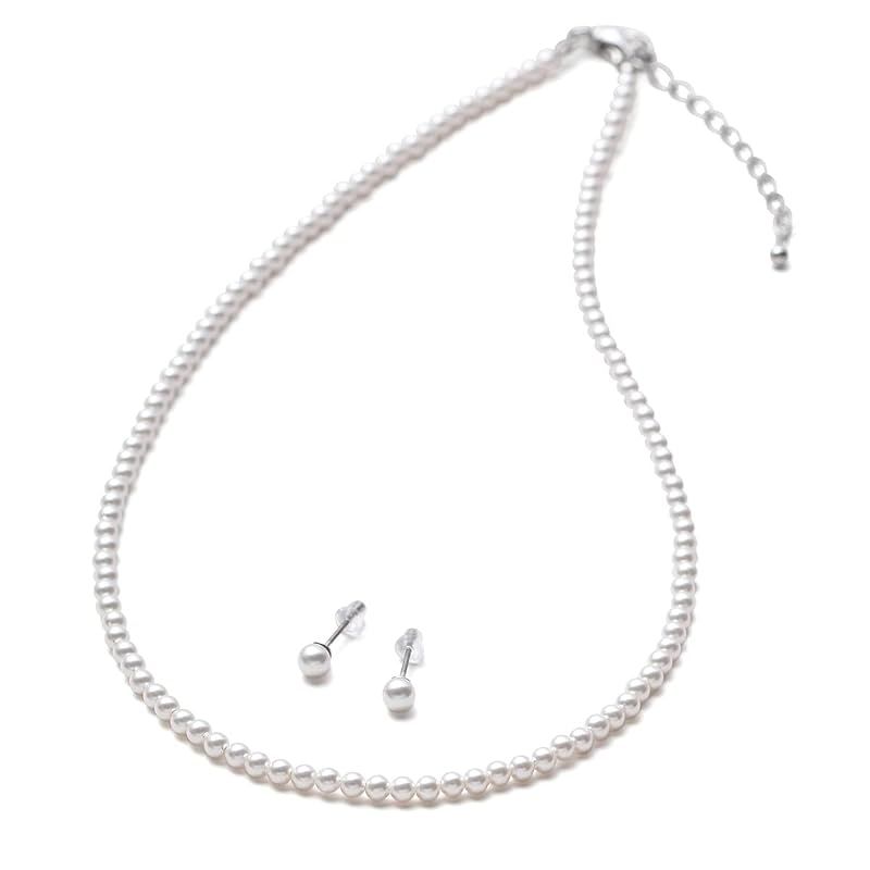 [VOTRE COUTURE] パールネックレス セット ベビーパール グランプレミアム アクセサリー 3mm ブランド10年保証 (チタンピアス（シルバー）, 44cm)