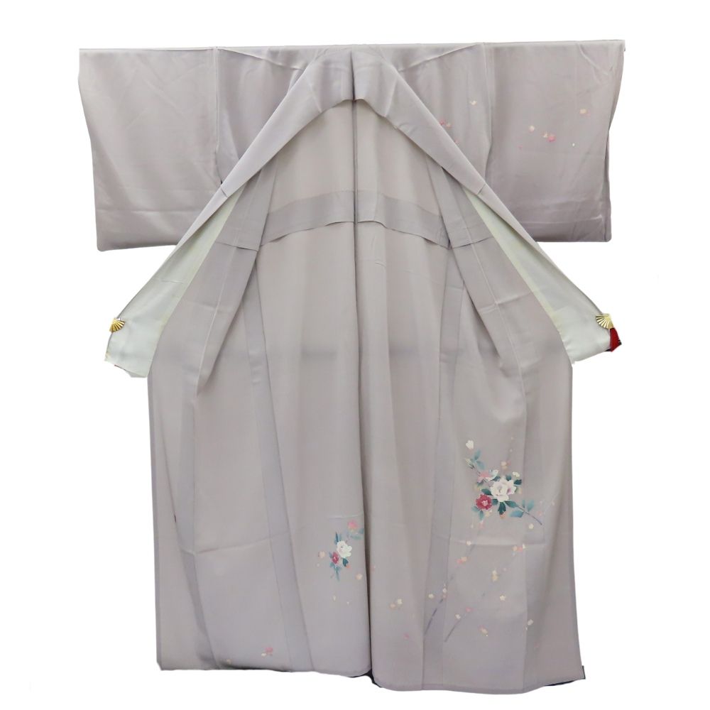 中古】 訪問着・付下 単衣 正絹 着丈約155cm 裄丈約64cm グレー 手描き