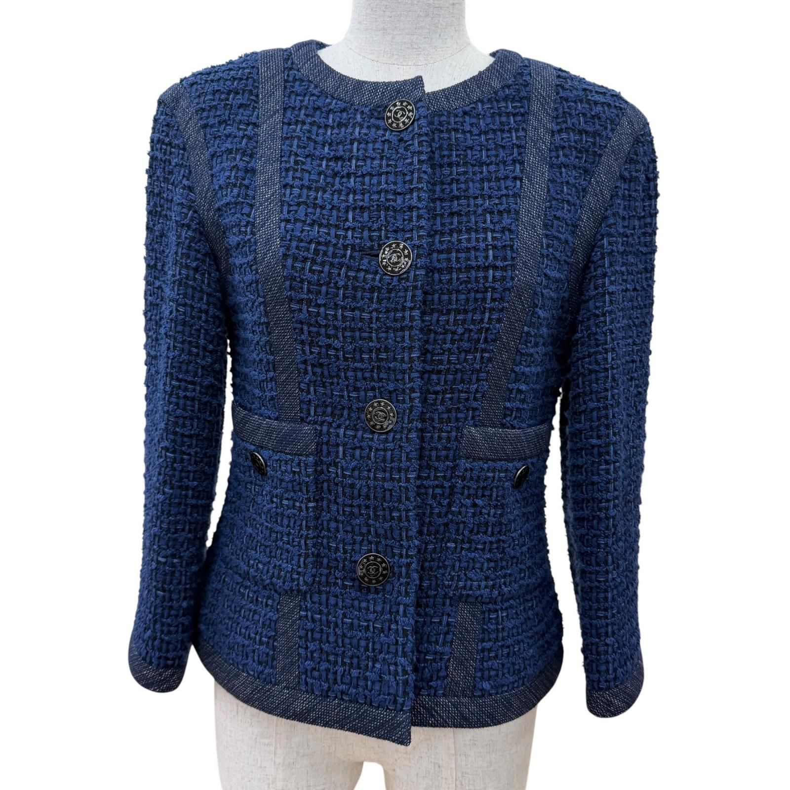 極美品☆CHANEL シャネル P45580 ココマークボタン ツイードジャケット ノーカラージャケット ネイビー 36 フランス製 正規品 レディース 132,000円