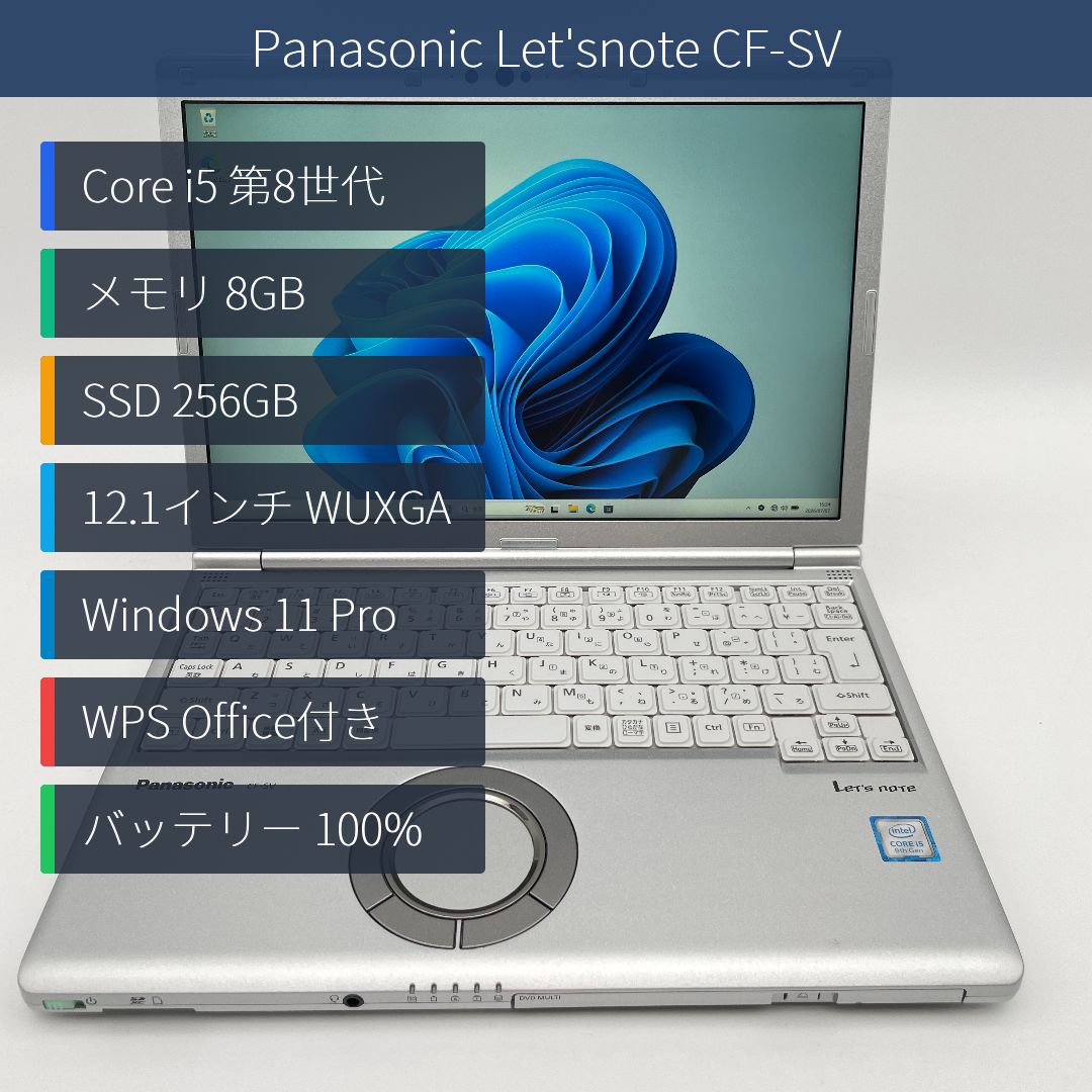 Panasonic Let'snote CF-SV Core i5-8250U メモリ8GB SSD256GB 12.1インチ WUXGA Windows 11 Pro Webカメラ バッテリー良好 WPS Office付き CF-SV7HD4VS
