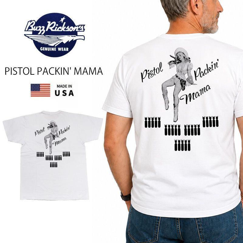 BUZZRICKSON'S バズリクソンズ　半袖　プリントTシャツ PISTOL PACKIN MAMA BR79780　ホワイト　ワンポイント　バックプリント　アメリカ製 ピンナップガール