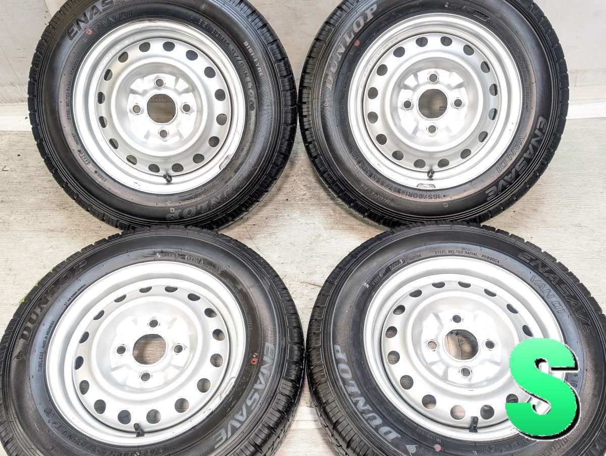 165/80R14 97/95LT ダンロップ エナセーブ VAN01 日産純正 14x5.0 114.3-4穴 中古タイヤ サマータイヤ ホイールセット 4本セット s14260526036