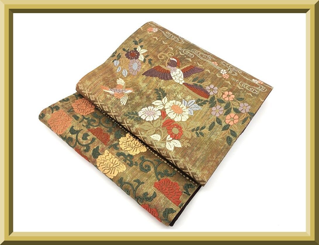 【一度着用】美品 コレクション整理 袋帯 帯 六通柄 礼装用 花唐草鳳凰文 正絹 金糸 刺繍 訪問着 留袖 結婚式 着物 和服 和装 全長447㎝ 幅31㎝ ①