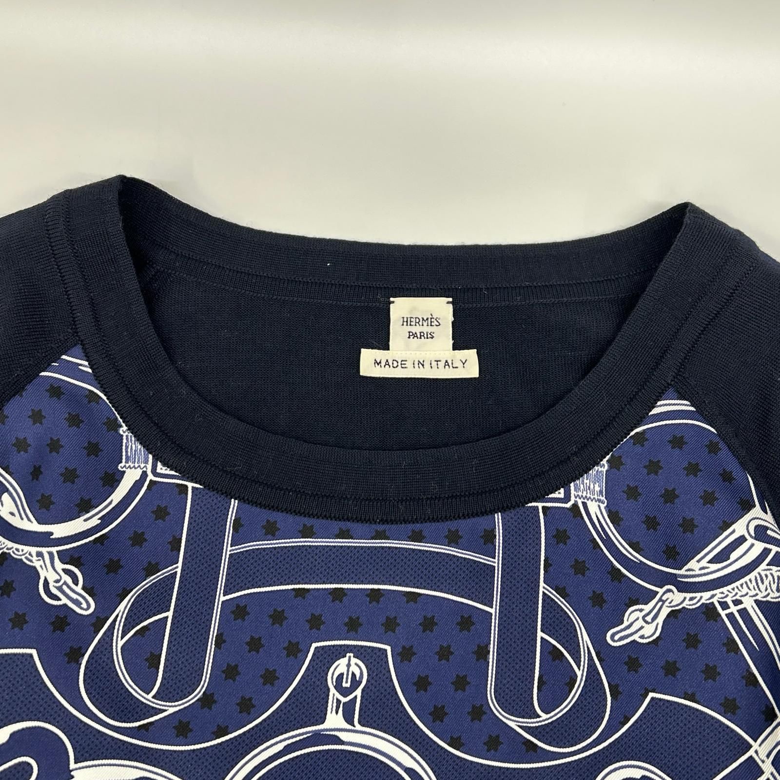 HERMES エルメス ネイビー スカーフ柄 シルク切替 ニット Eperon d'Or