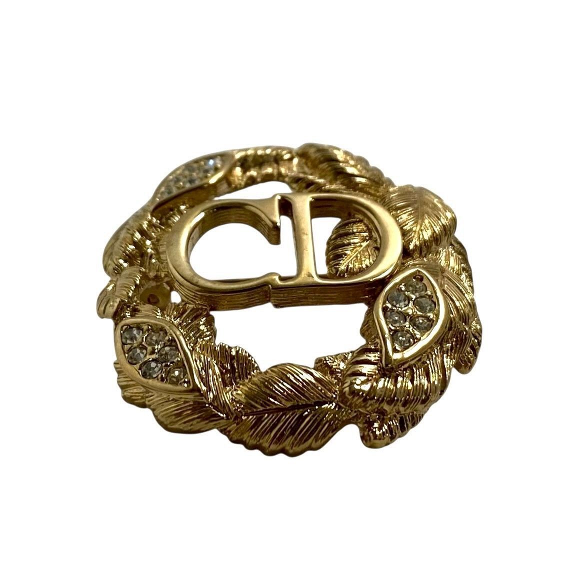 Dior】CDロゴ リーフ ブローチ ラインストーン ゴールド/金カラー 葉