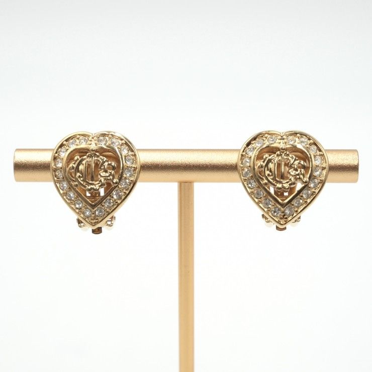 Christian Dior（クリスチャンディオール） ヴィンテージ ハート CDロゴ イヤリング ゴールドカラー ラインストーン クリップ式 レディース 【中古】 9,995円