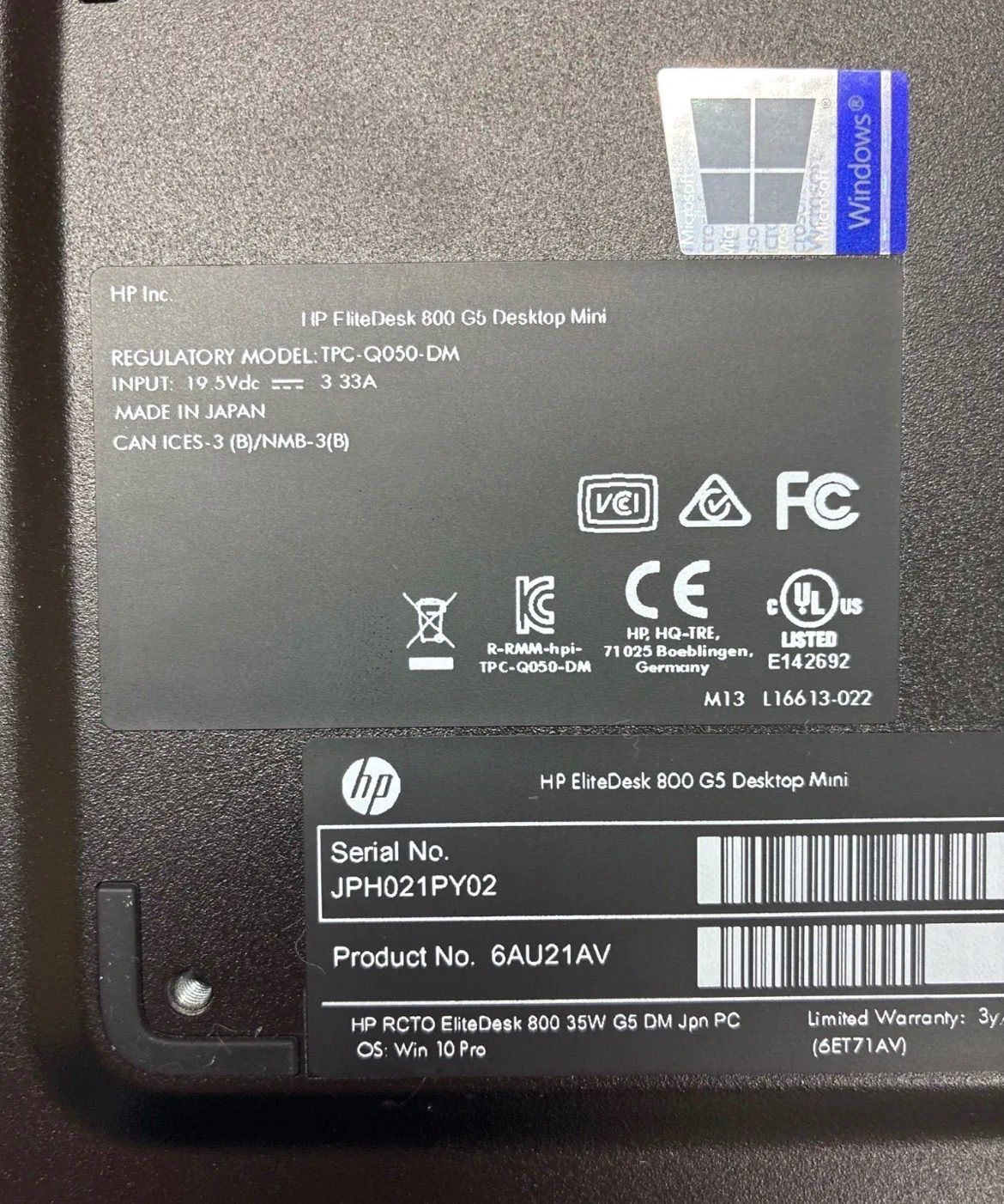 訳あり 特価 HP EliteDesk 800 G5 Desktop Mini i5-9500T/8GB BIOS確認