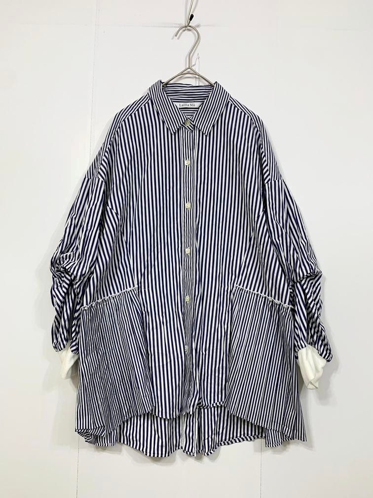 Lallia Mu ラリアムー 長袖シャツ バックボタン サイドプリーツストライプ シャツ size38/青 ■■◎レディース