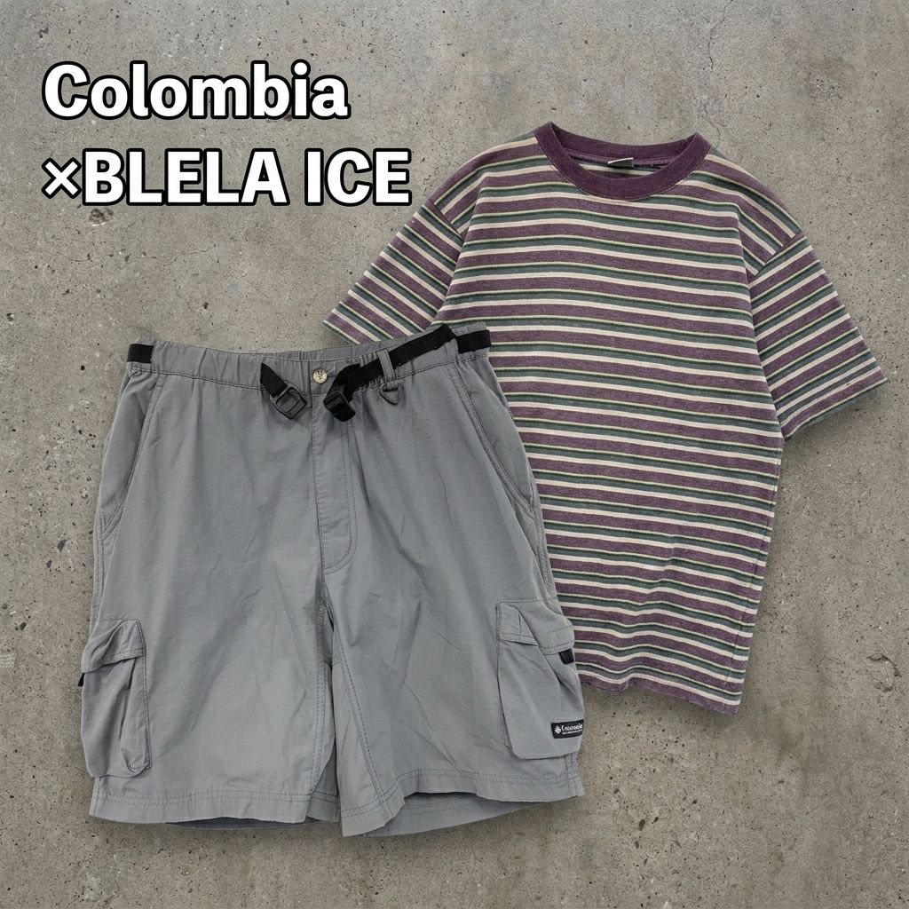 【コーデ売り】BLELA ICE　ブレラアイス　Columbia　コロンビア　半袖プリントTシャツ　ハーフパンツ/ショートパンツ　ボーダー柄　バイカラー　グレー　Lサイズ　古着