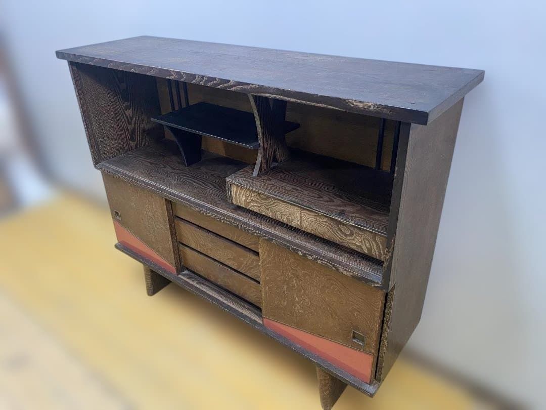 昭和レトロ 茶箪笥 水屋箪笥 飾り棚 和家具 木製 収納棚 サイドボード キャビネット 古家具 和モダン 引き戸 引き出し 古民家 カフェ 店舗什器 ヴィンテージ ブラウン 国産　260707-14