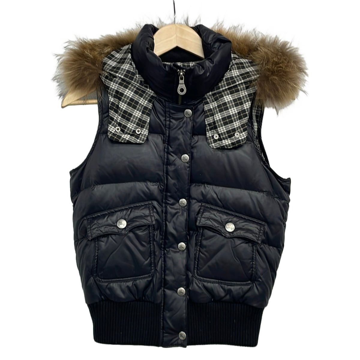 Burberry Blue Label(バーバリーブルーレーベル) ダウンベスト サイズ38 M レディース - ダークネイビー×黒 ジップアップ/冬