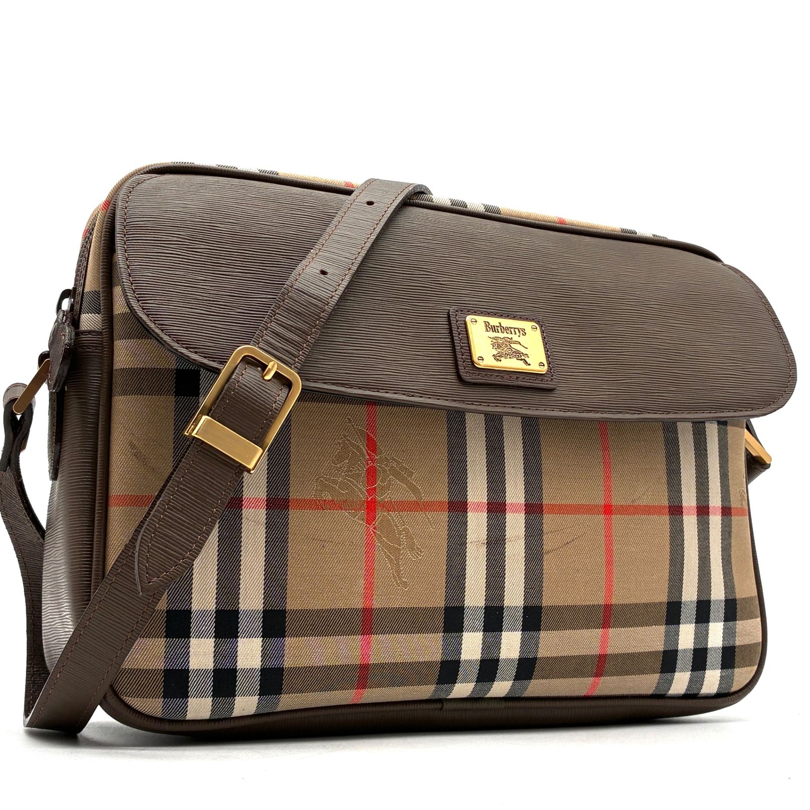 美品 廃盤 バーバリー BURBERRY ショルダーバッグ 斜め掛け クロスボディ ノバチェック シャドーホース ロゴプレート キャンバス レザー 本革 ベージュ ブラウン 茶 サマーギフト シルバーウィーク ご褒美 レディース 女性 大人 19,564円