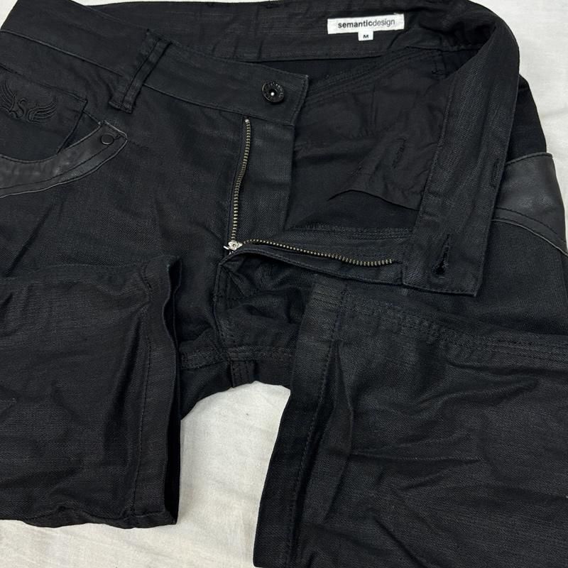 セマンティックデザイン コーティング ブラック デニム パンツ レザー