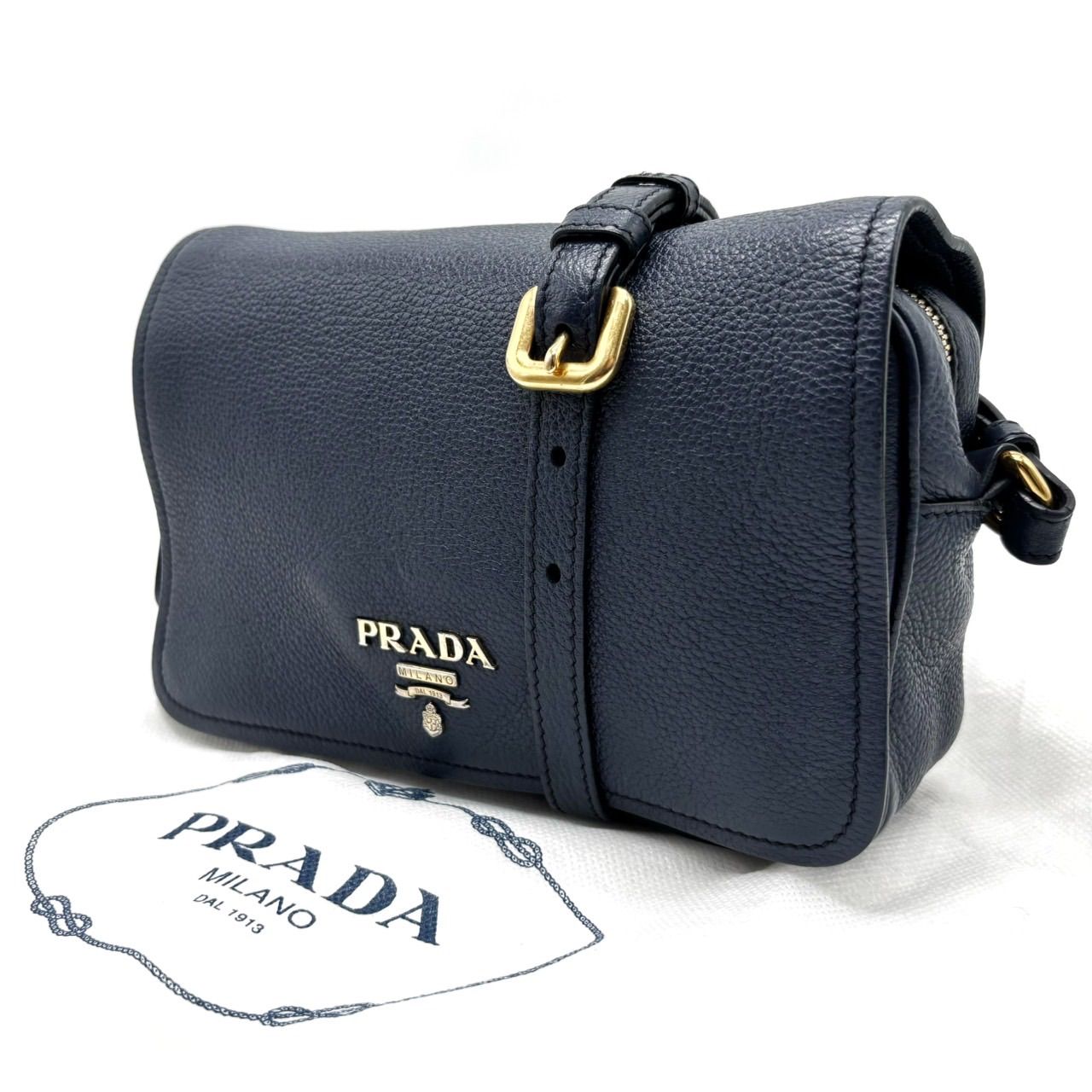 【良品】PRADA プラダ ヴィッテロ ショルダーバッグ ポシェット オールレザー 革 ゴールド金具 ネイビー 紺 ユニセックス 男女兼用