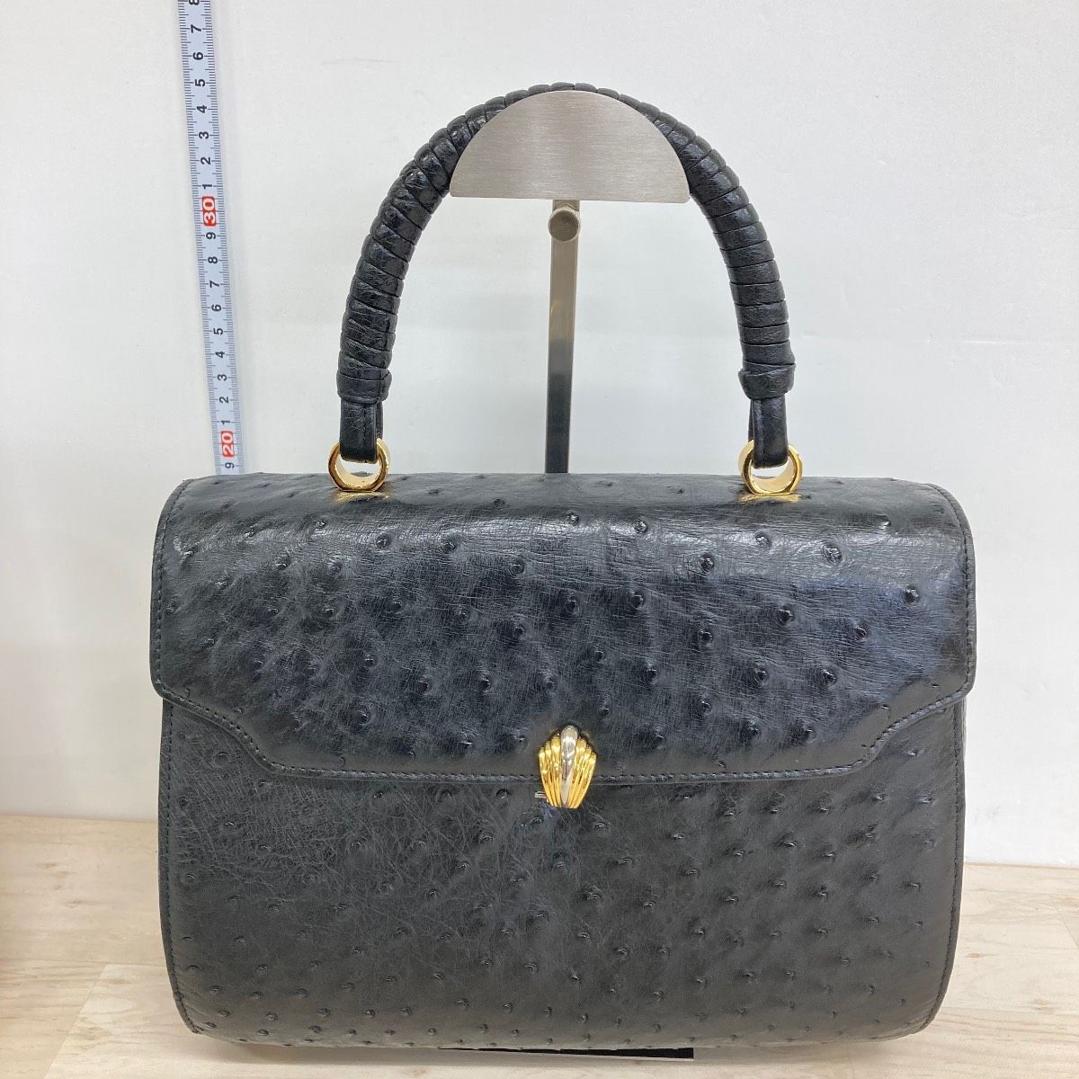 極白 備品 JRA オーストリッチ エキゾチック 金金具 ハンドバッグ JRA オーストリッチ ハンドバッグ ブラック / ダチョウ革 エキゾチック