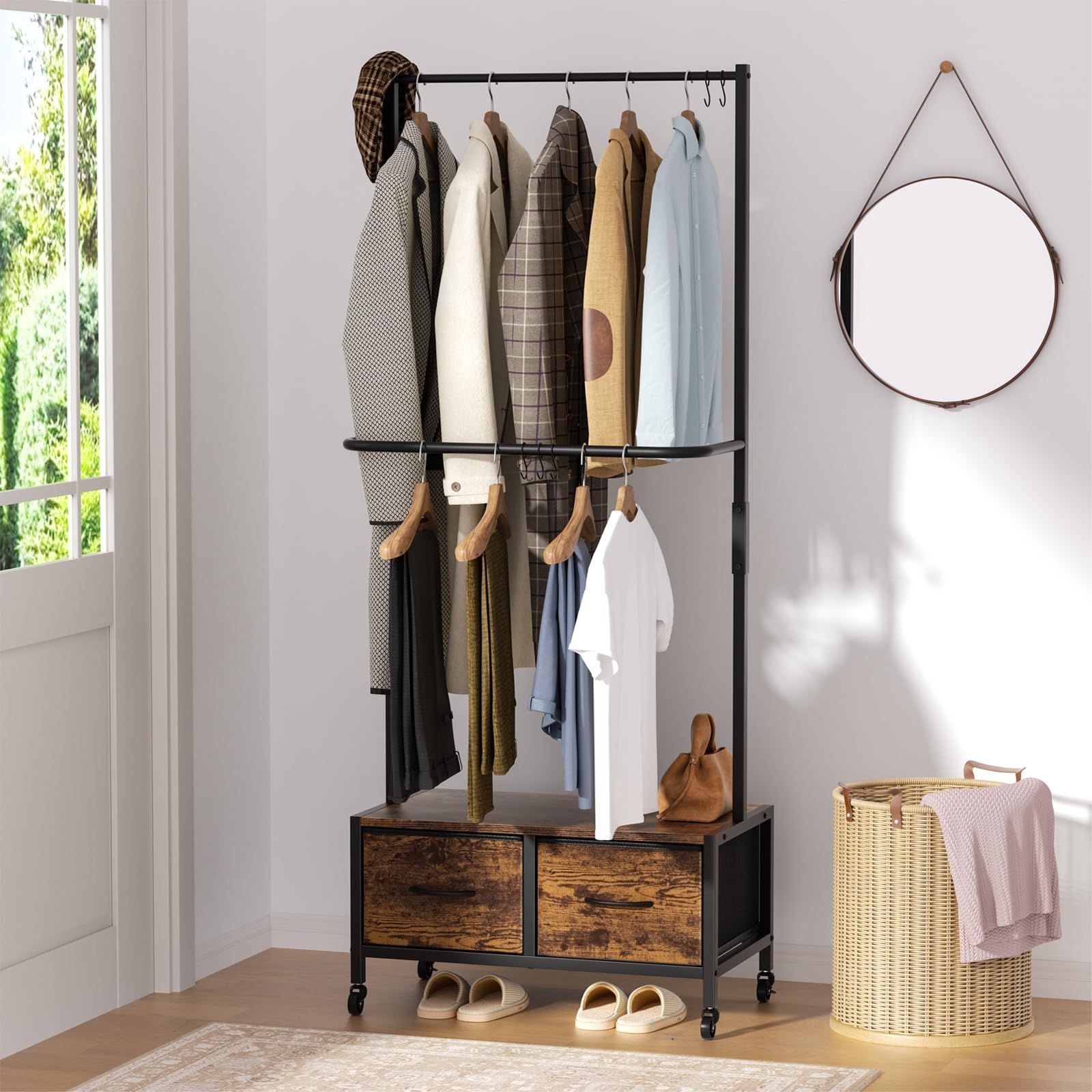在庫処分 ランドセル 棚付き おしゃれ スリム タンス付き タンス 衣装棚 キャスター付き clothes rack 2段 ダブル 洋服ラック ロッド ワードローブ 引き出し付き 多機能 頑丈 収納付き 全体耐荷重80kg （高通気性カチオン生地 ハンガーラッ