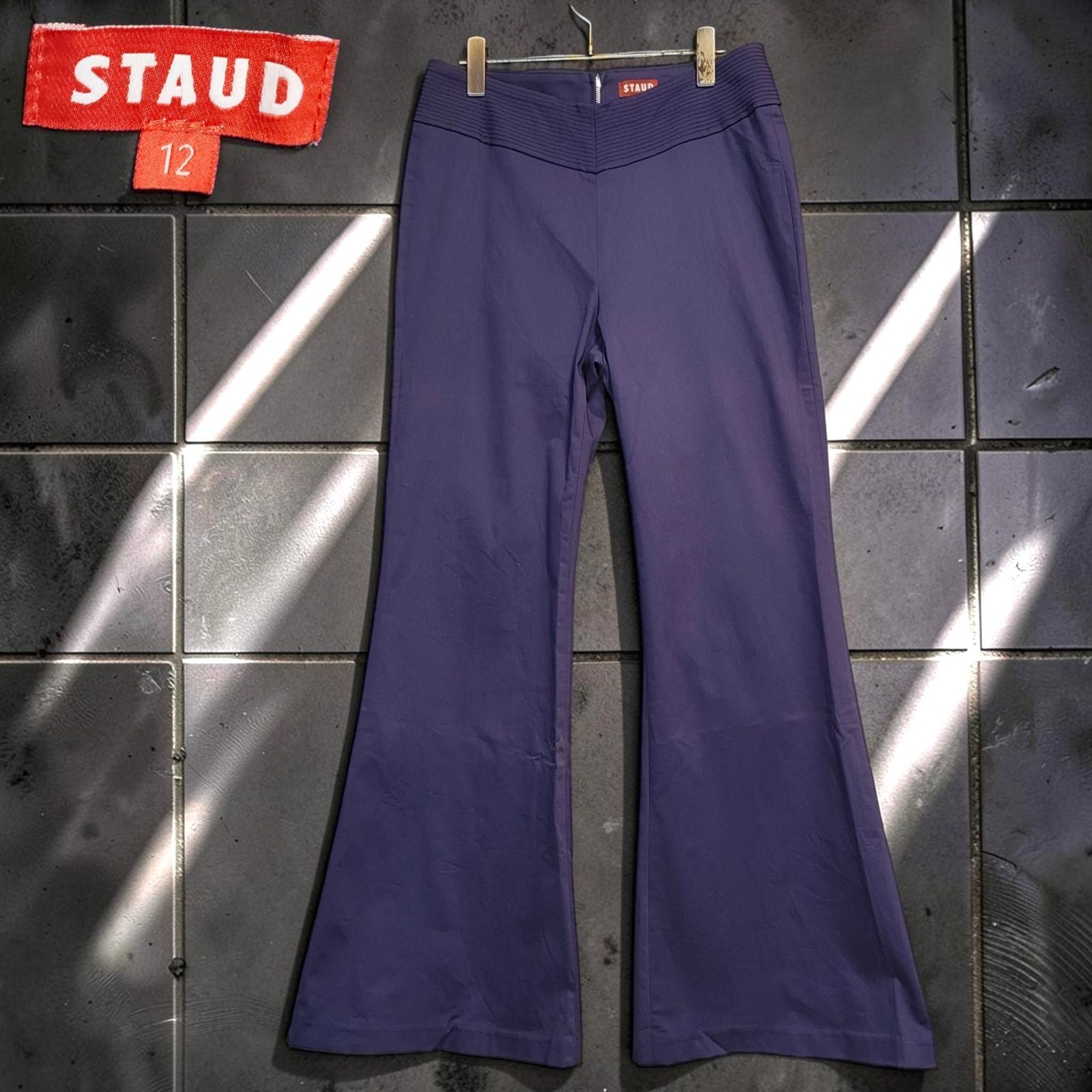 STAUD Archive 紫 ベルボトム フレア パンツ ウエストリブ ストレッチ ギミック テック パンク モード グランジ ハイウエスト Y2Kファッション バックジップ LA Bootcut Flare レディース　L-XLサイズ相当