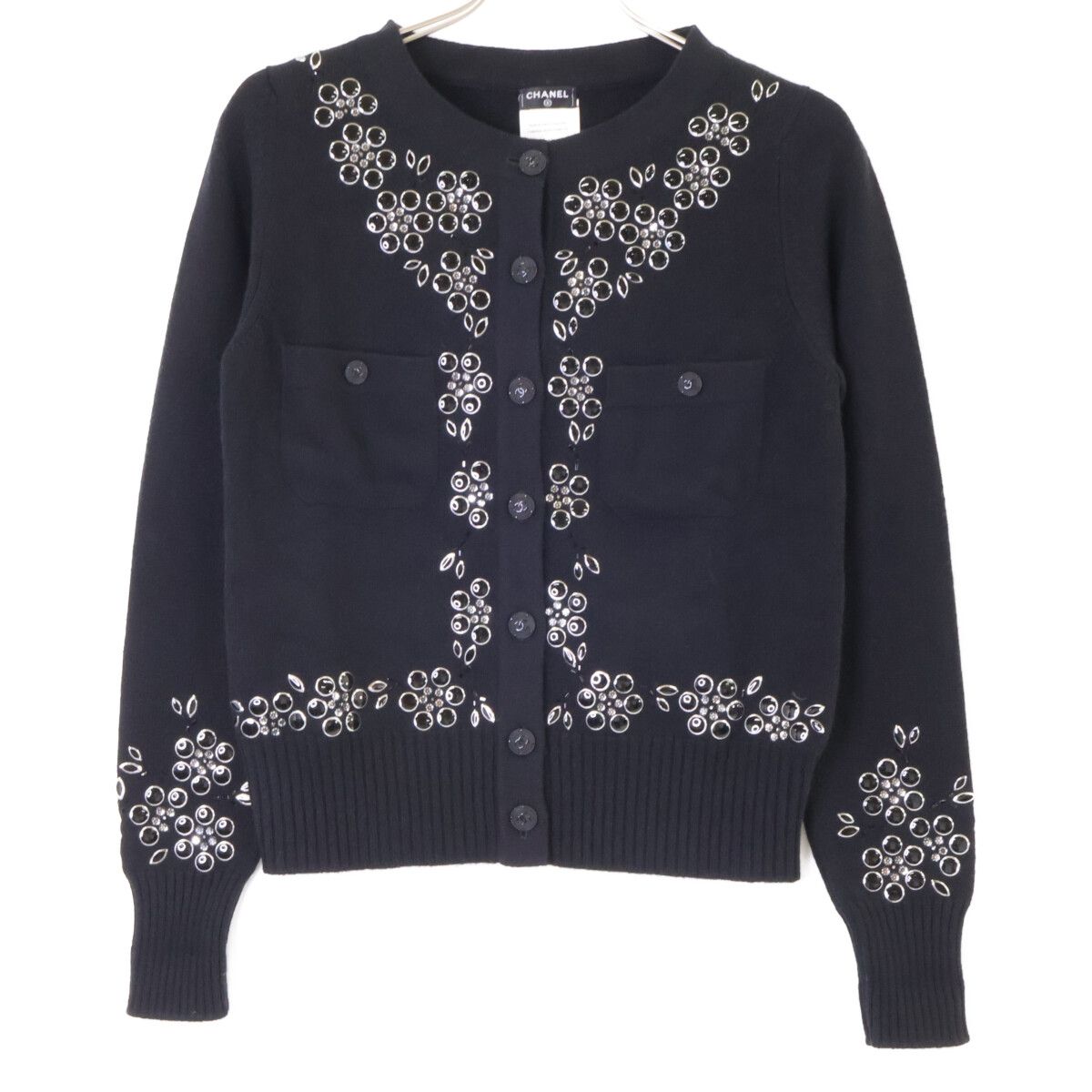 CHANEL シャネル 美品 P43019K04343 ビジュー装飾 CC釦 カシミヤ