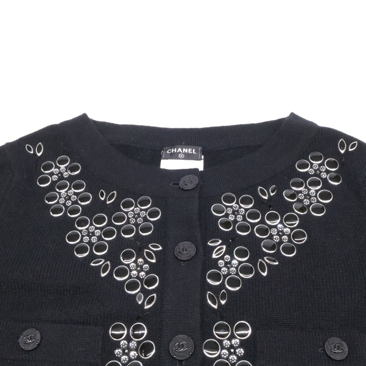 CHANEL シャネル 美品 P43019K04343 ビジュー装飾 CC釦 カシミヤ