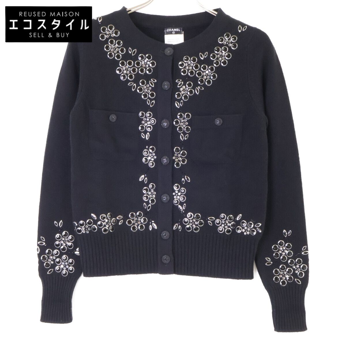 CHANEL シャネル 美品 P43019K04343 ビジュー装飾 CC釦 カシミヤ