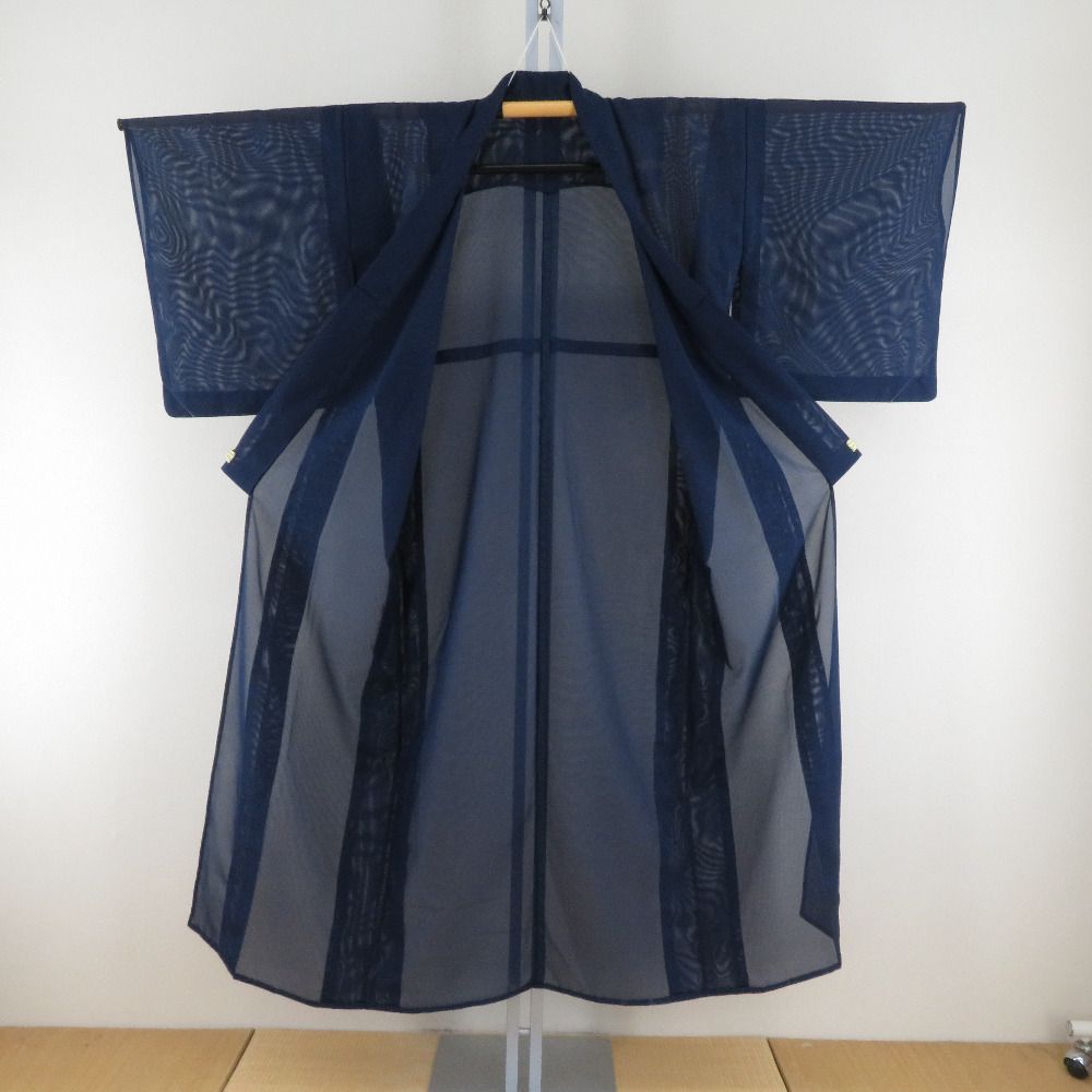 ☆605mi58☆夏物 色無地 紗 バチ衿 夏着物 濃い青☆しつけ付き美品 ☆きものマーチ☆夏物 色無地 紗 バチ衿 夏着物 濃い青☆しつけ