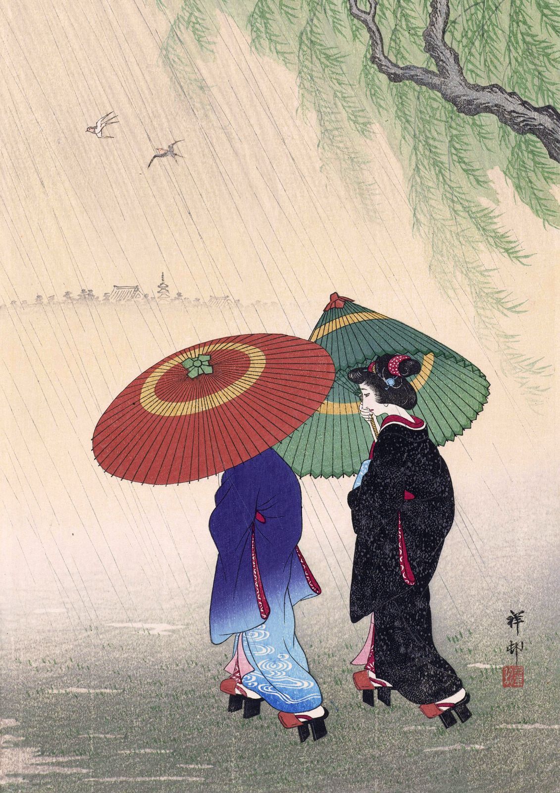 小原古邨 「雨の中の二人の女」A3(297㎜×420㎜）アートポスター 日本製
