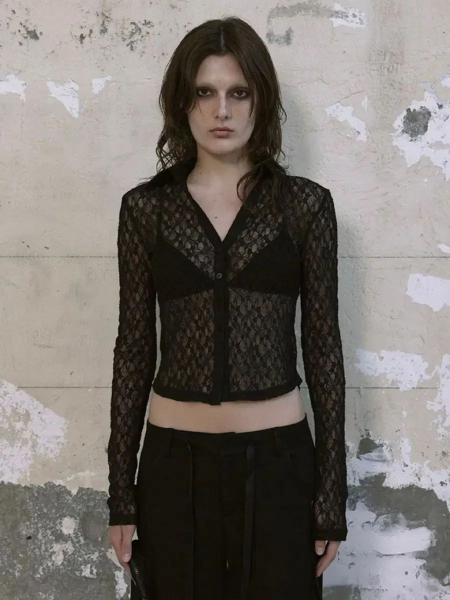 BOHEMSEO ボヘミアンソウル LACE OPEN COLLAR SHIRT BLACK