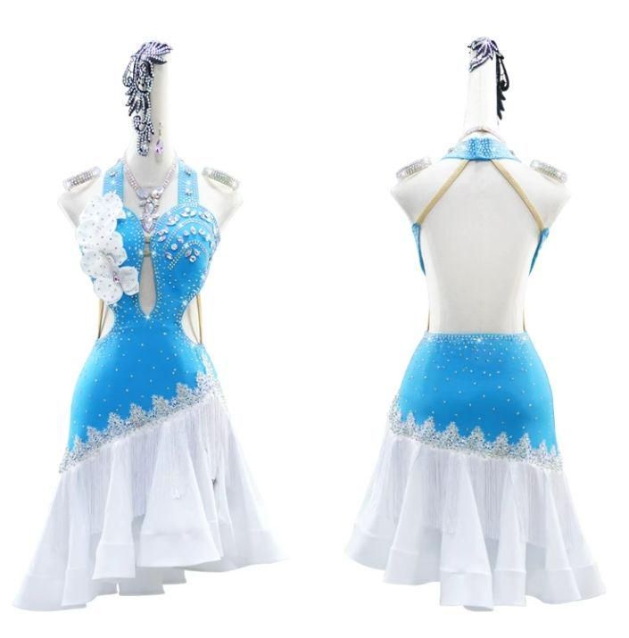 新品 ラテンドレス ワンピース 花 ブルー色変更可 オーダーメイド ダンスウェア ラテンダンス レディース 社交ダンス 舞台衣装 社交ダンス衣装