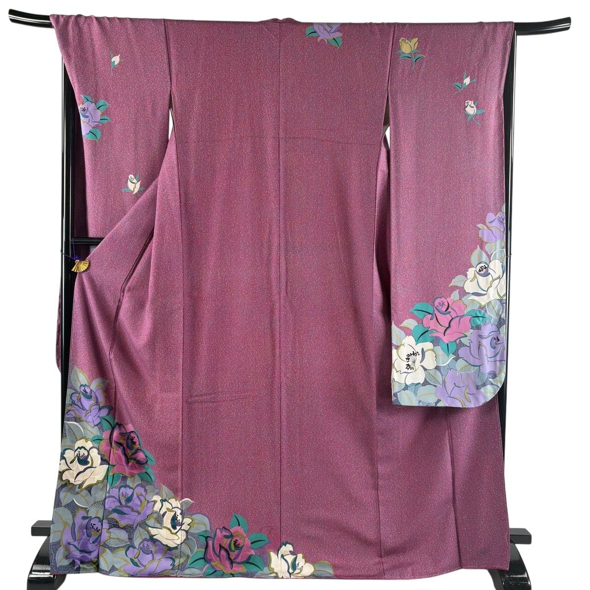 振袖 身丈170.5cm 裄丈67cm M 袷 草花 ビロード風 赤紫 正絹 名品 【中古】 13,884円